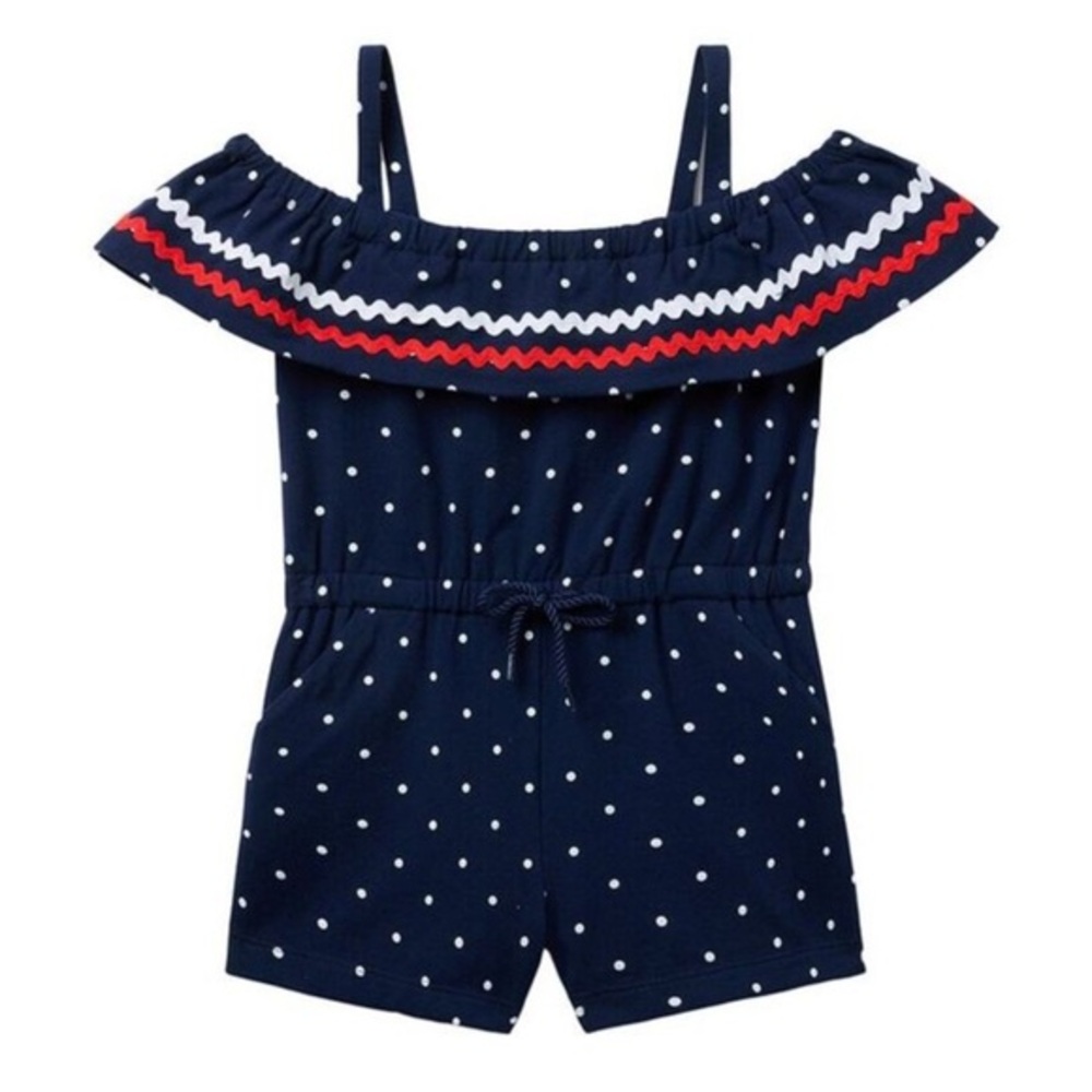 Brand New Janie & Jack Girls Polka Dot Navy Cold Shoulder Romper, Size 4, NWT